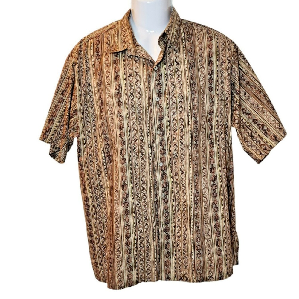 Tori Richard Honolulu Hawaiian Shirt Men's XL Brown Geometric Tribal Cotton Lawn